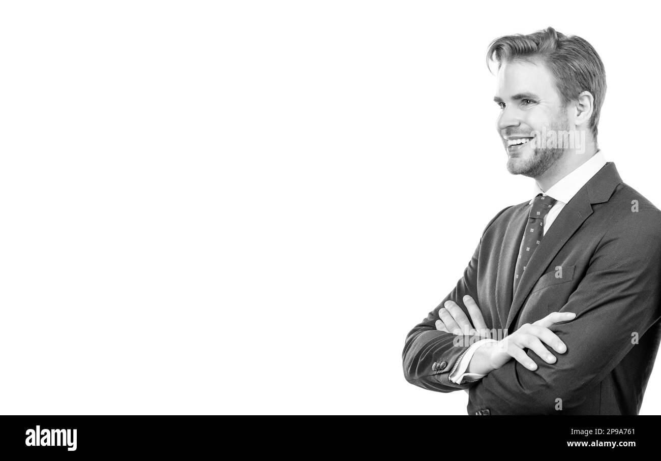 Vertrauen in das Unternehmen. Selbstbewusster Chef isoliert auf Weiß. Professionalität und Vertrauen, Kopierraum Stockfoto