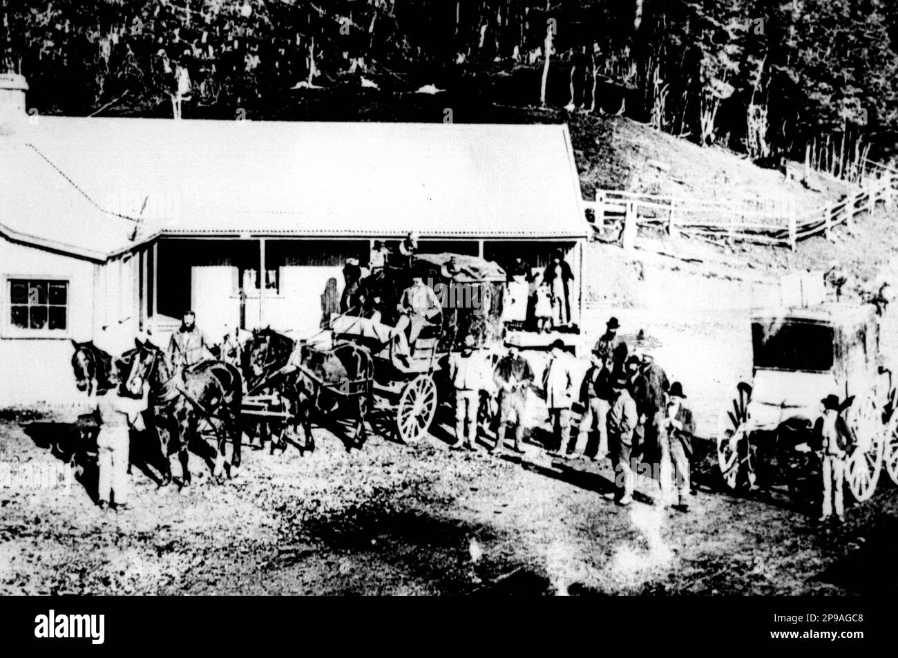 Postkutschen im Bealey Hotel (wahrscheinlich) in Westland, Neuseeland, wahrscheinlich Ende 1800er. Hotels mussten Weiden und Pferdewechsel für die Postkutsche bereitstellen. Stockfoto