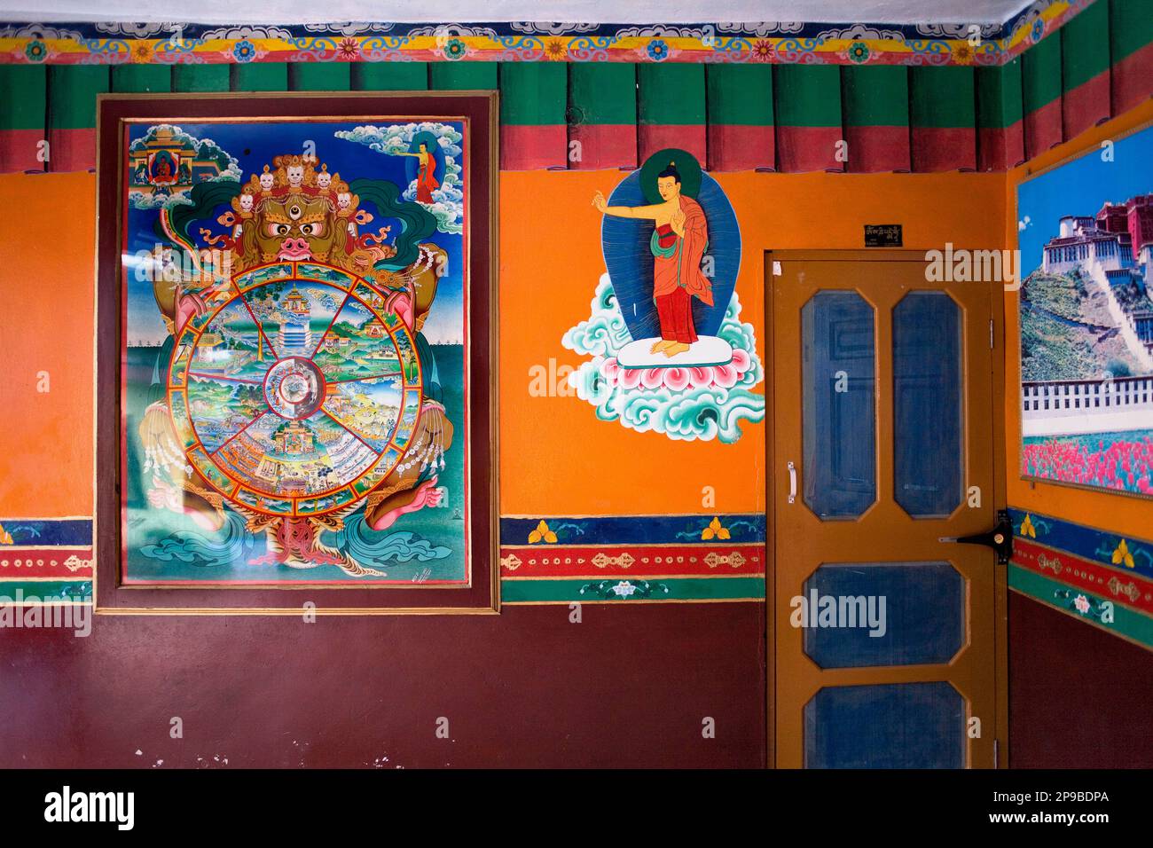 Gemälde in Dip Tse Chok Ling Monastery.McLeod Ganj, Dharamsala Himachal Pradesh Zustand, Indien, Asien Stockfoto