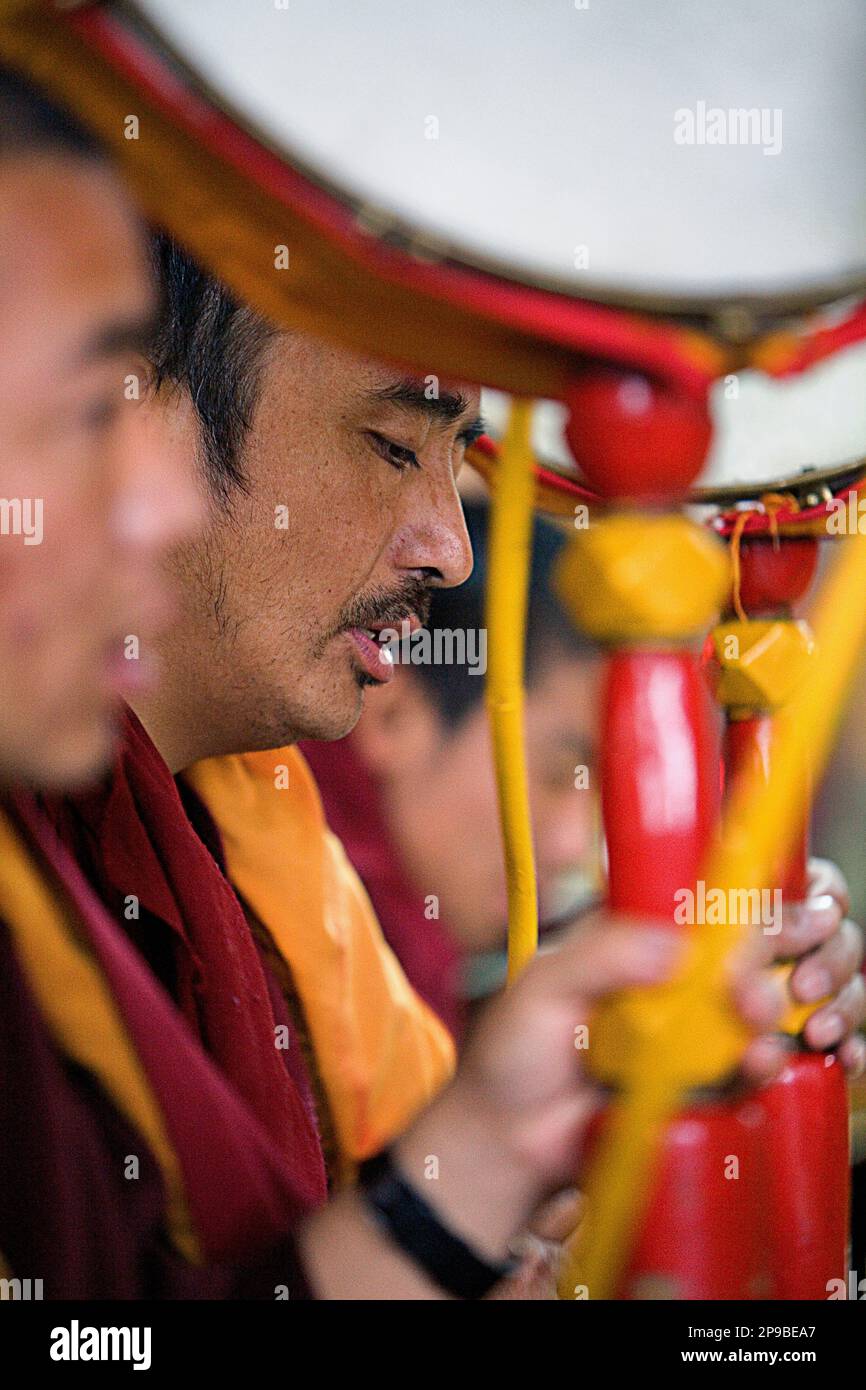 Puja, Mönche beten, in Dip Tse Chok Ling Monastery.McLeod Ganj, Dharamsala Himachal Pradesh Zustand, Indien, Asien Stockfoto