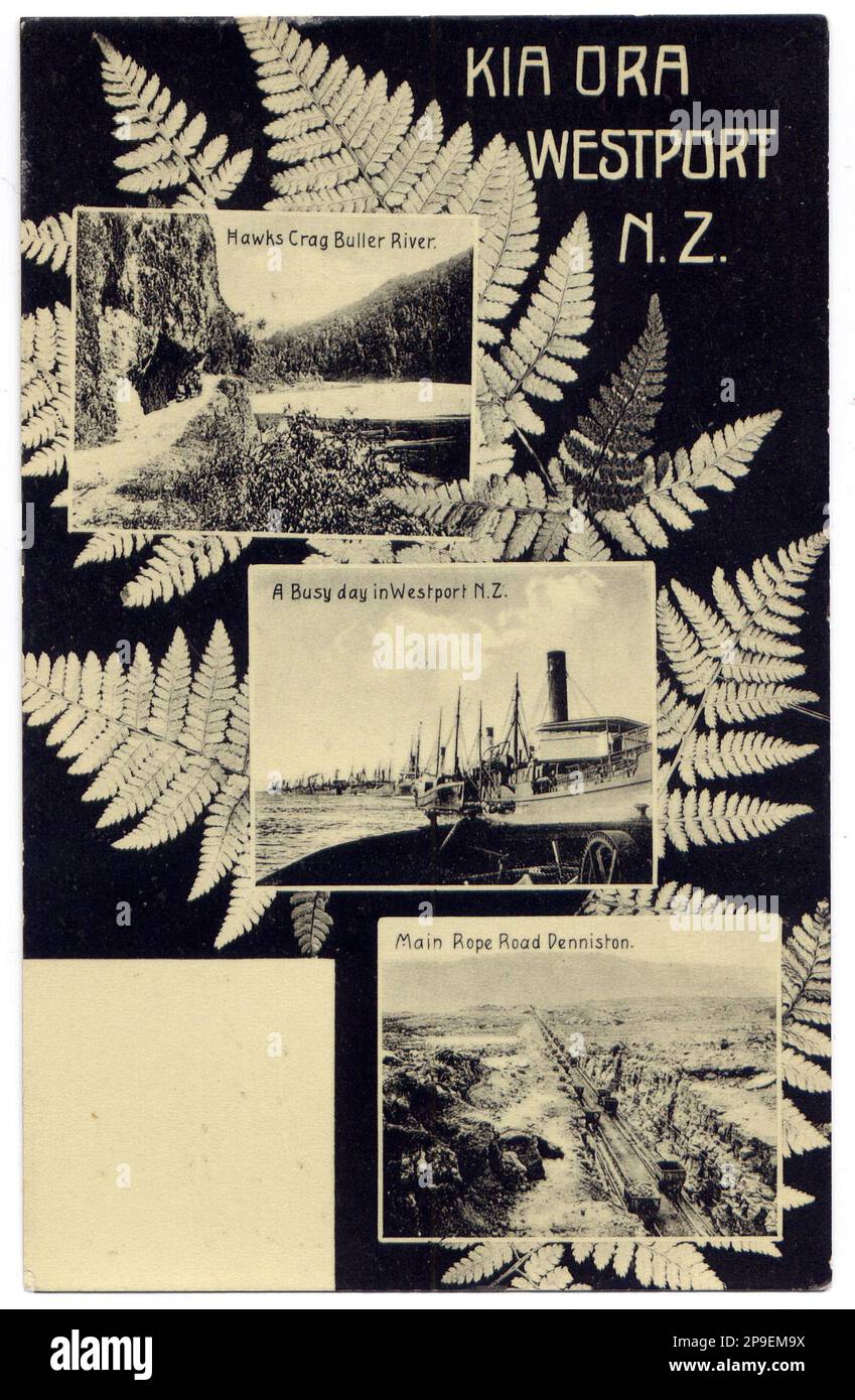 Postkarte mit Sehenswürdigkeiten in Westport, Westland, Neuseeland, wahrscheinlich 1920er. Stockfoto
