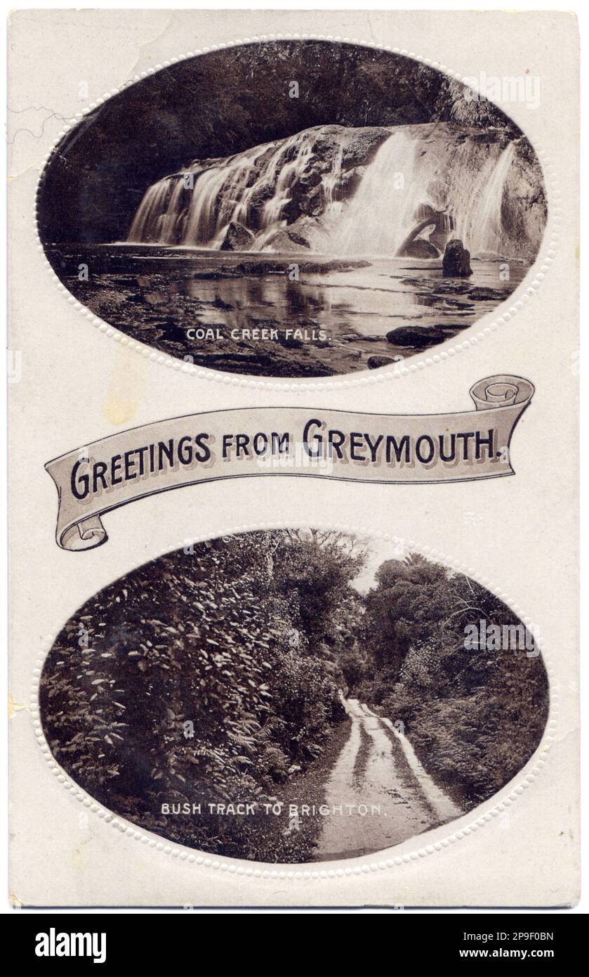 Postkarte mit den Sehenswürdigkeiten in Greymouth, Westland, Neuseeland, wahrscheinlich 1920er. Stockfoto