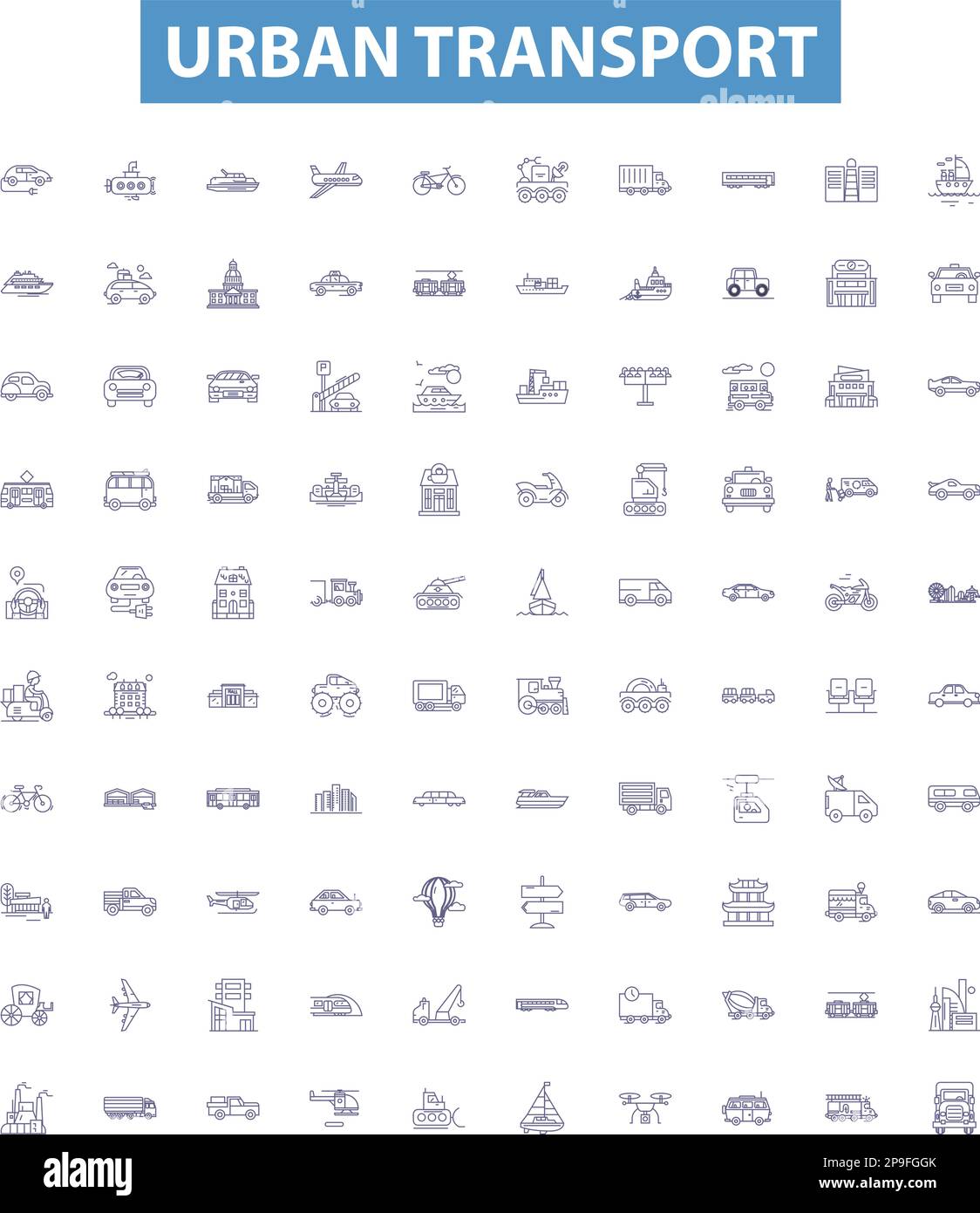 Liniensymbole für den Stadtverkehr, Schilder gesetzt. City, Transit, Walk, Cycle, Streetcar, U-Bahn, Bus, Automobil, Taxi, Übersichtsbilder. Stock Vektor