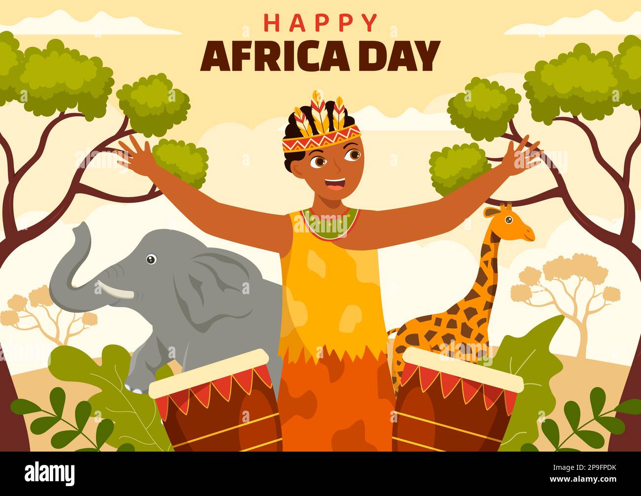 Happy Africa Day am 25. Mai Illustration mit afrikanischen Stammesfiguren der Kultur in flachem Cartoon, handgezeichnet für Webbanner oder Landing-Page-Vorlagen Stock Vektor