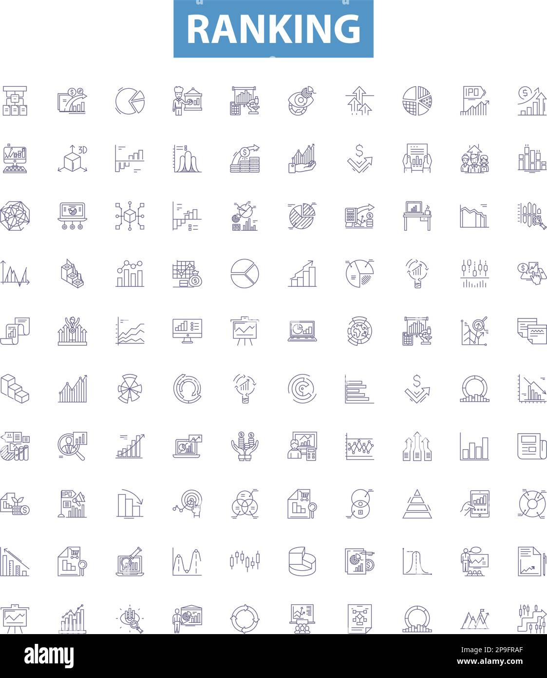 Zeileneinstufungssymbole, Zeichen gesetzt. Rangfolge, Rangfolge, Platzierung, Position, Reihenfolge, Vektordarstellungen für Bewertung, Klassifizierung, Einstufung, Auflisten von Konturen. Stock Vektor