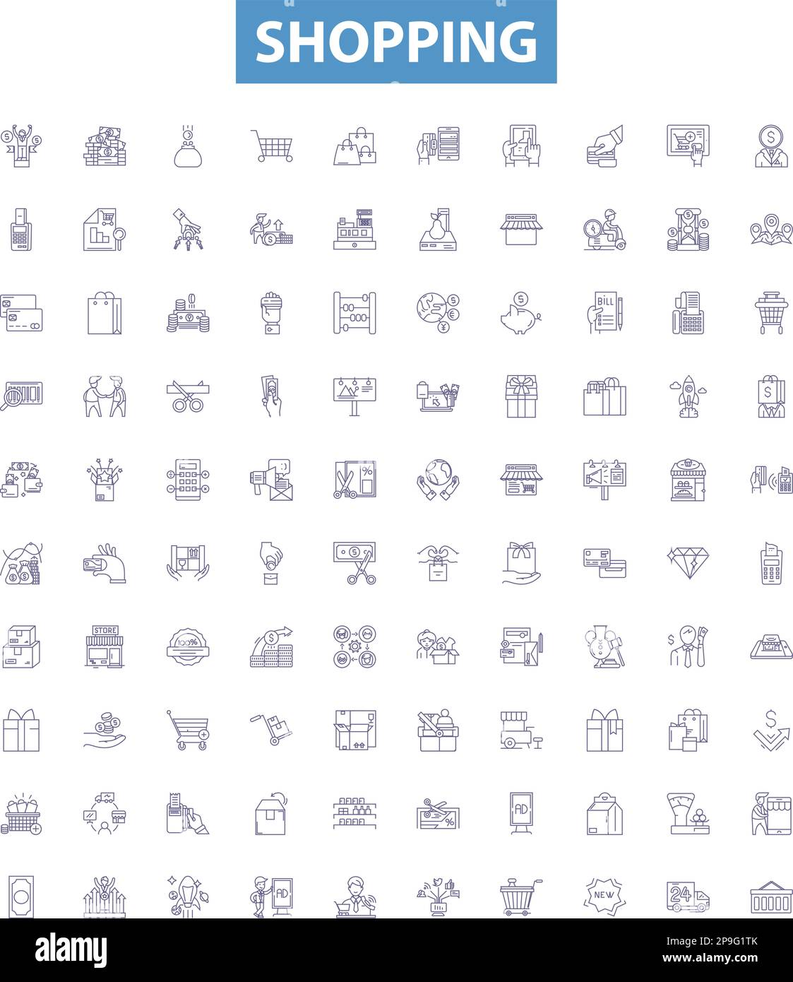 Symbole für Einkaufspassagen, Schilder gesetzt. Einkaufen, Einkaufen, Einkaufen, Einzelhandel, Outlet, Vektorabbildungen für Store, Goods, Commodities, Items (Geschäft, Waren, Waren, Artikel). Stock Vektor