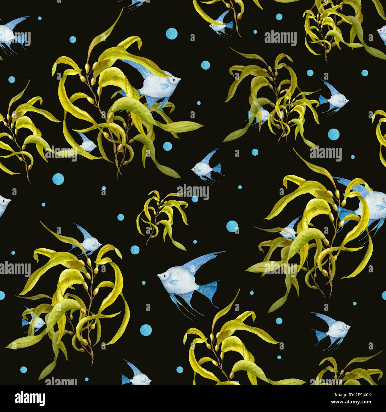 Wasserfarbenes nahtloses Muster von blauem Engelfisch, gelben Algen isoliert auf dunklem Hintergrund. Drucken, Poster, Banner, Hintergrund, Menüs, Einrichtung, Tapete Stockfoto