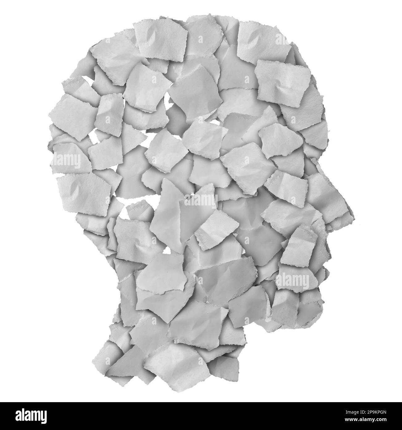 Menschlicher Geist abstrakt aus zerrissenem Papier als Bewusstsein und Emotionen Symbol für psychische Gesundheit und Erziehung Ausbildung oder Psychologie. Stockfoto