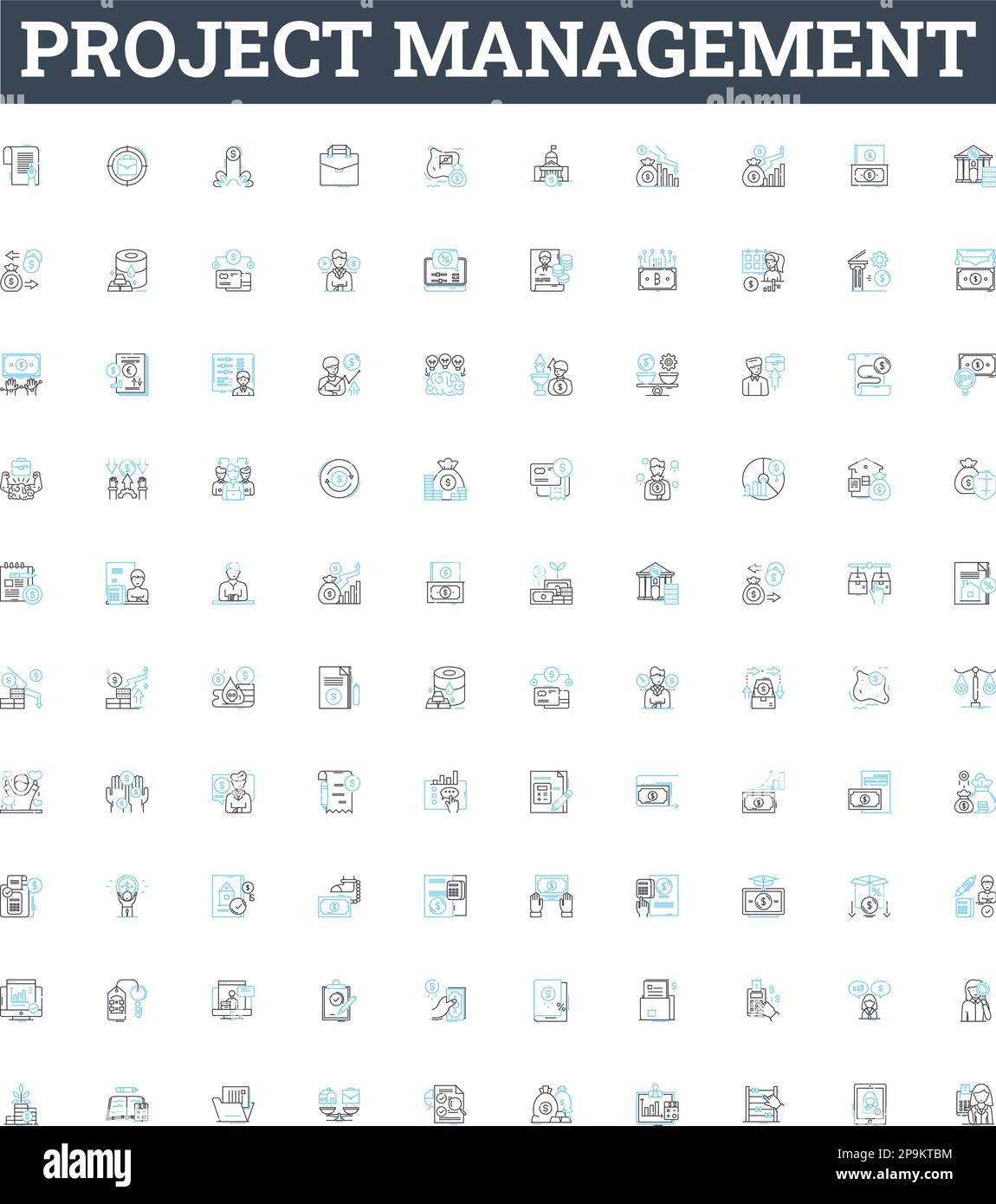 Symbole für Vektorlinien des Projektmanagements festgelegt. Planung, Verwalten, Terminieren, Verfolgen, Organisieren, Budgetierung, Risikodarstellung, Konzeptsymbole Stock Vektor
