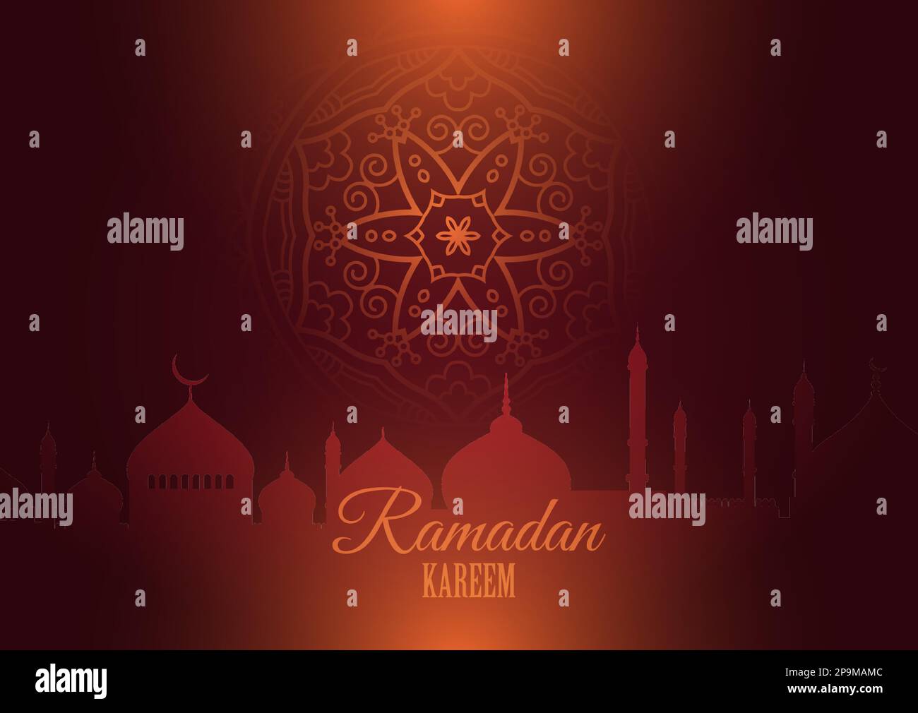 Ramadan Kareem Hintergrund mit Silhouetten von Moschee und Mandala-Design Stock Vektor