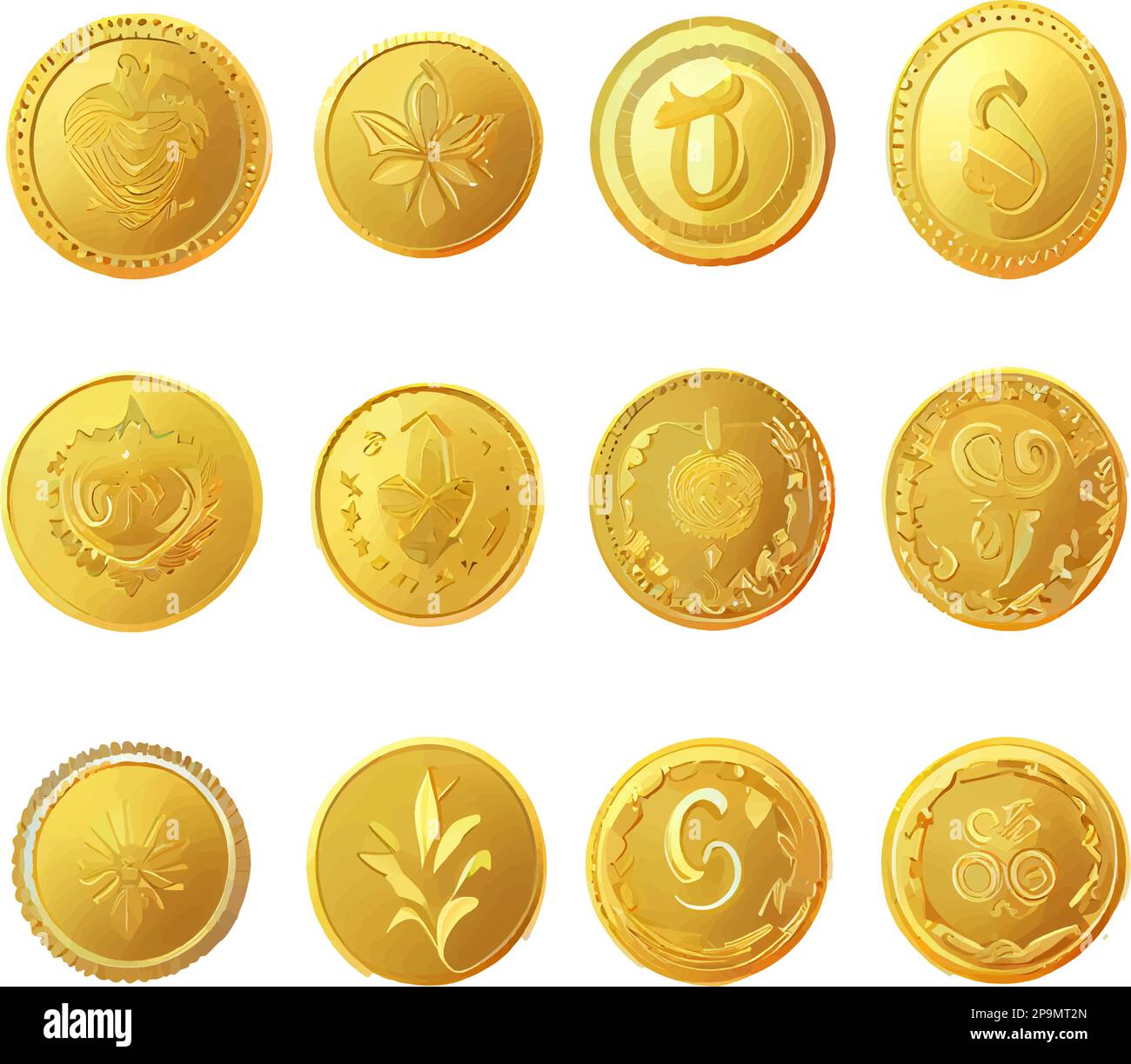 Legt die Vektordarstellung von Goldmünzen auf weißem Hintergrund fest Stock Vektor