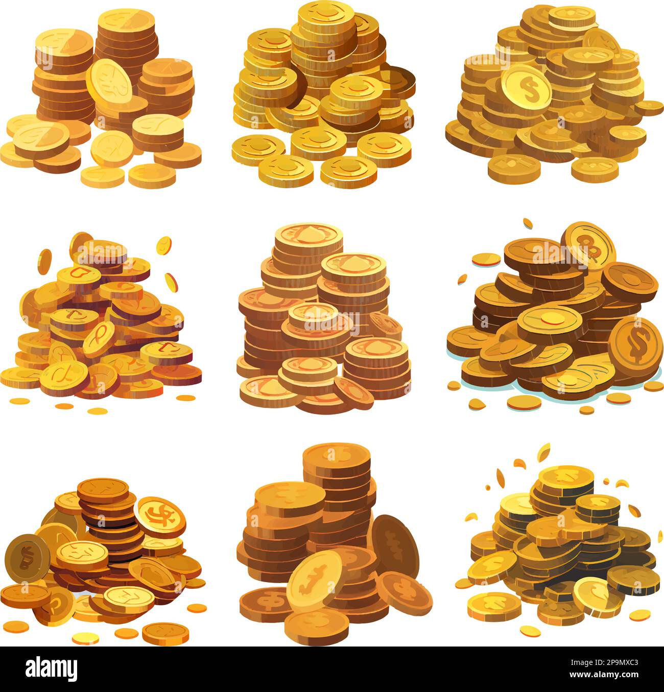 Legt die Vektordarstellung von Goldmünzen auf weißem Hintergrund fest Stock Vektor