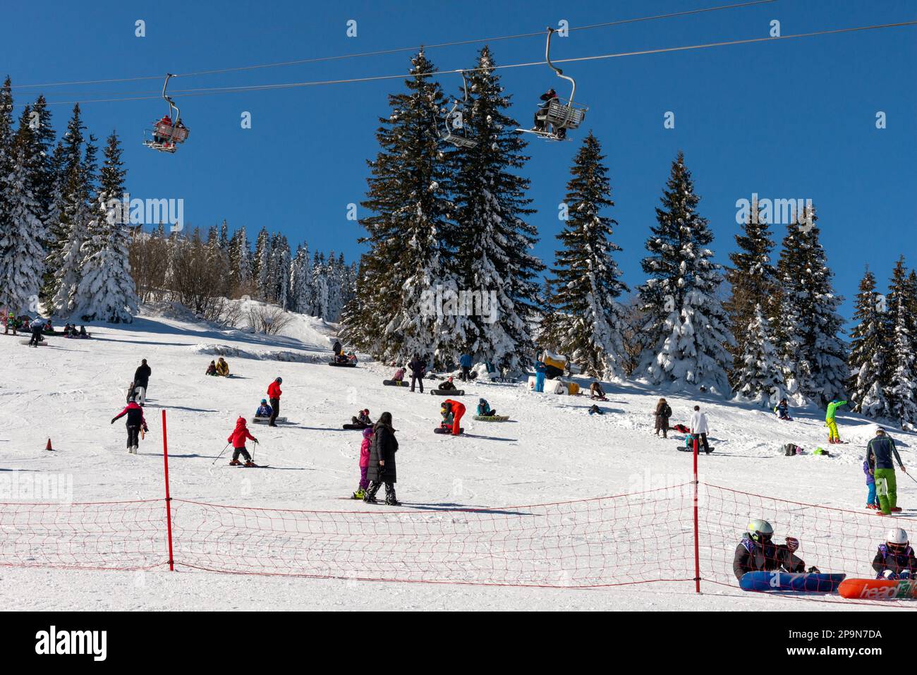 Anfänger auf der Skipiste und Leute, die den sonnigen Wintertag im Aleko Hut in Vitosha über Sofia, Bulgarien, Osteuropa, Balkan, EU genießen Stockfoto