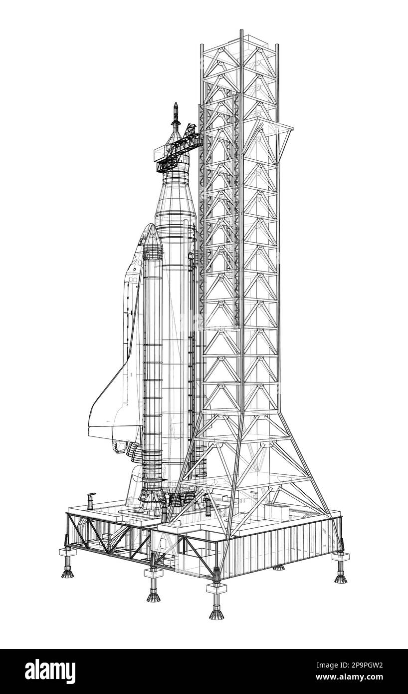 Space Rocket auf dem Startfeld Stockfoto