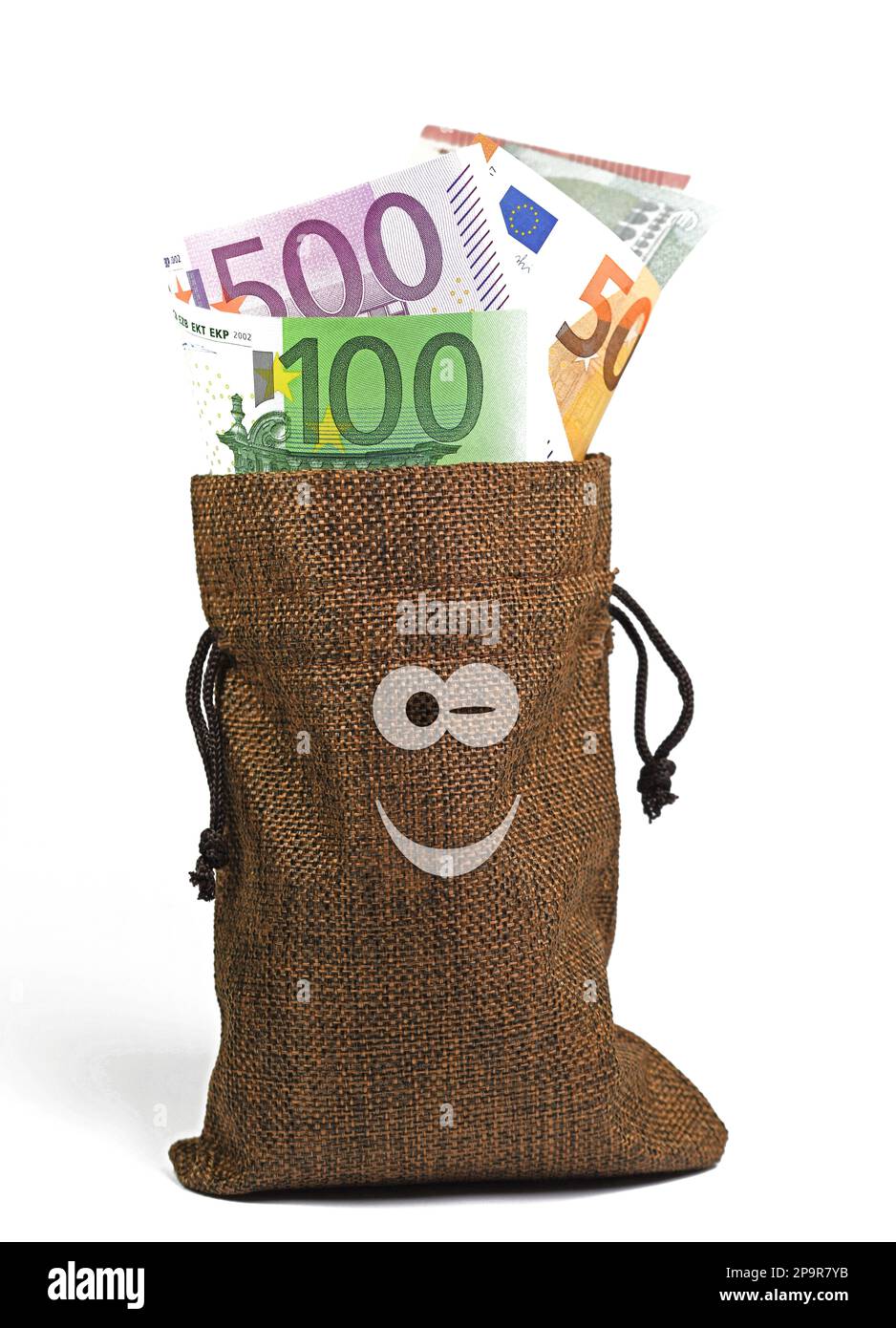 Jutetasche mit Papiergeld und lächelndem Gesicht Stockfoto