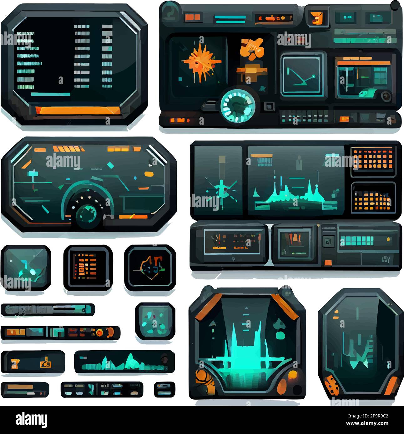 vektorset-Illustration im Cartoon-Stil des Spiels Sci-Fi Digital Interface Elements Stock Vektor