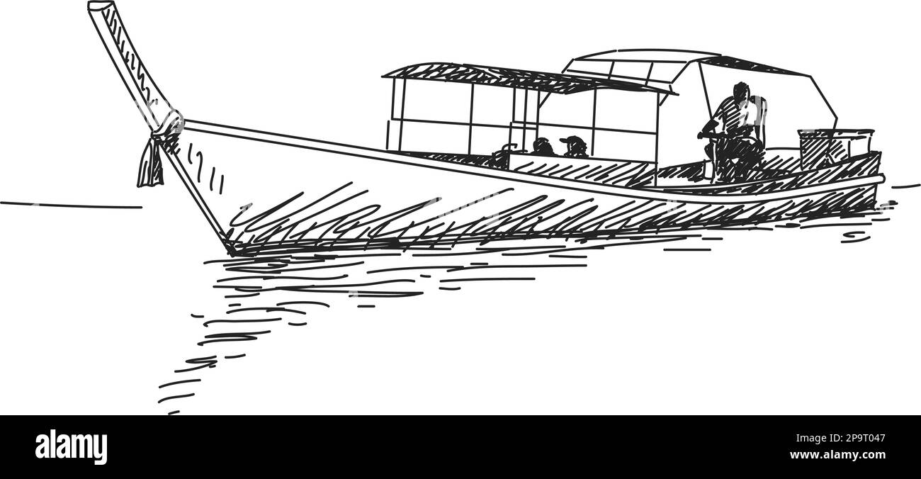 Skizze des langen Schwanzbootes, handgezeichnete Illustration Stock Vektor