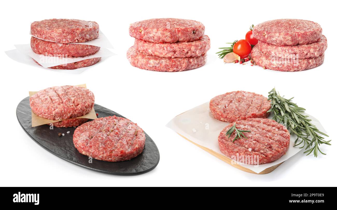 Mit frischen, rohen Burgerpasteten auf weißem Hintergrund Stockfoto
