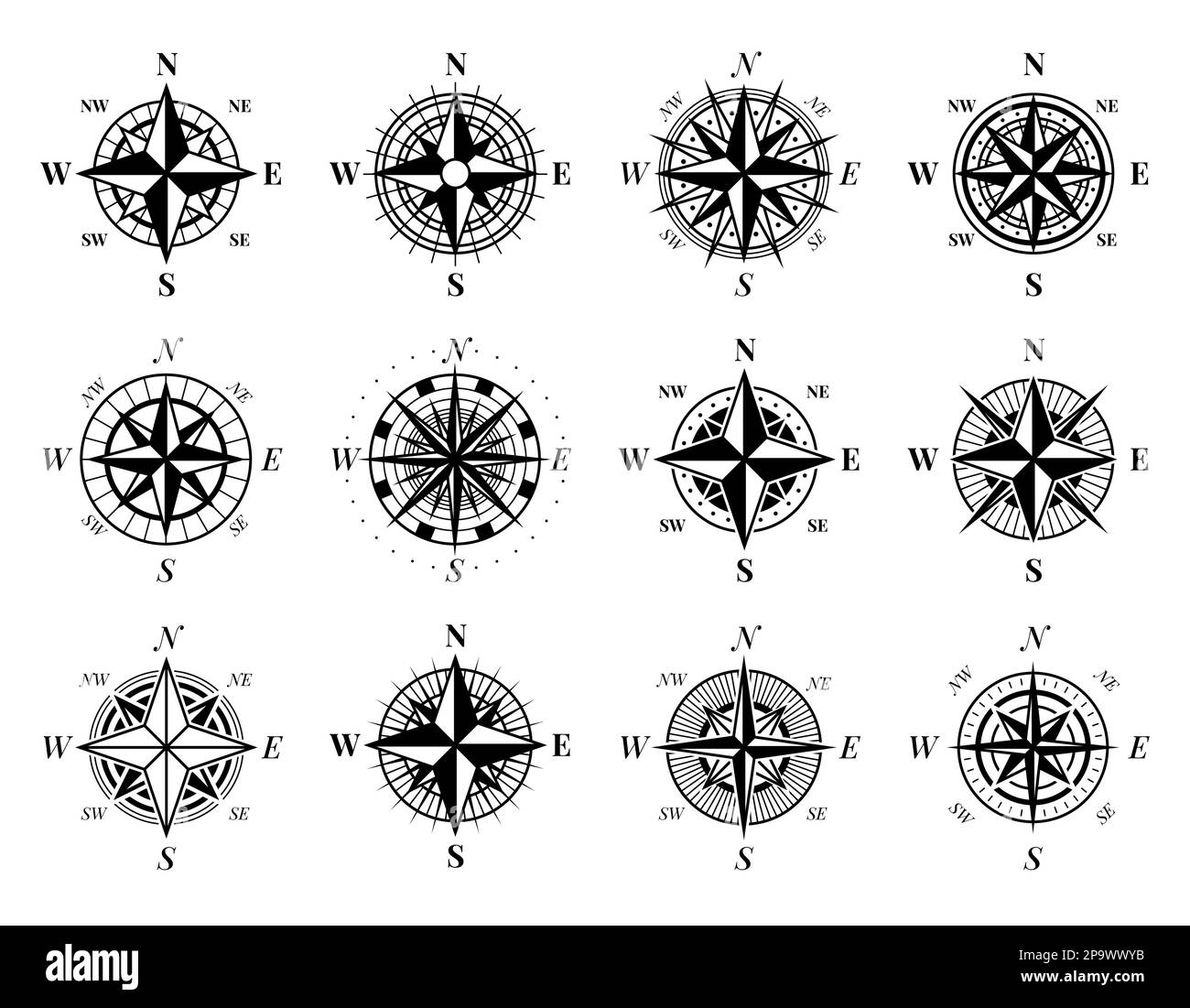 Alte Kompasssymbole. Klassische nautische Windrosen und Navigationsinstrumente. Kartographie-Retro-Symbol. Nördliche Kartenausrichtung. Schwarze Silhouetten-Topographiegeräte. Piktogramme für Vektor-Fahrtrichtung eingestellt Stock Vektor