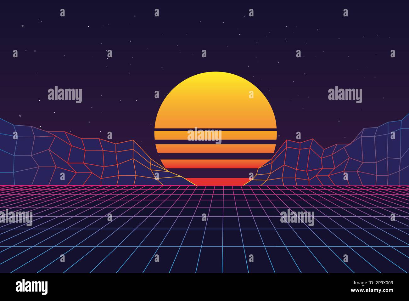 Abstrakter Hintergrund für Retro Synth-Spiele, futuristische Nachtwelle. 80s Sonne- und Gebirgsformen, 1990er Jahre alter Planet, gelber Sonnenuntergang im violetten Techno-Hintergrund. Arcade-Synthwave-Landschaft. Vektordarstellung Stock Vektor