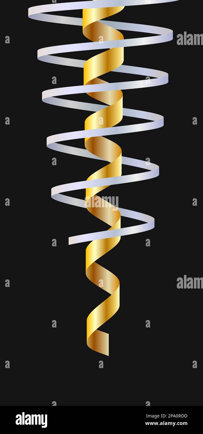 Goldene und silberne glänzende Spiralbänder auf schwarzem Hintergrund, Weihnachtsdekoration und Partyschlange Vektor luxuriöses Designelement Stock Vektor