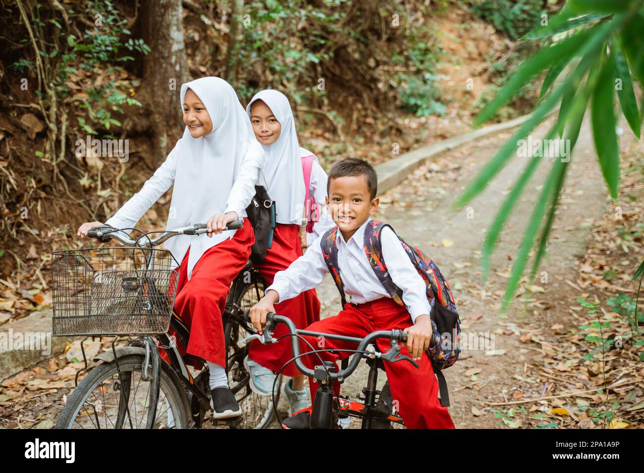 Drei Grundschüler, die zusammen Fahrrad fahren Stockfoto