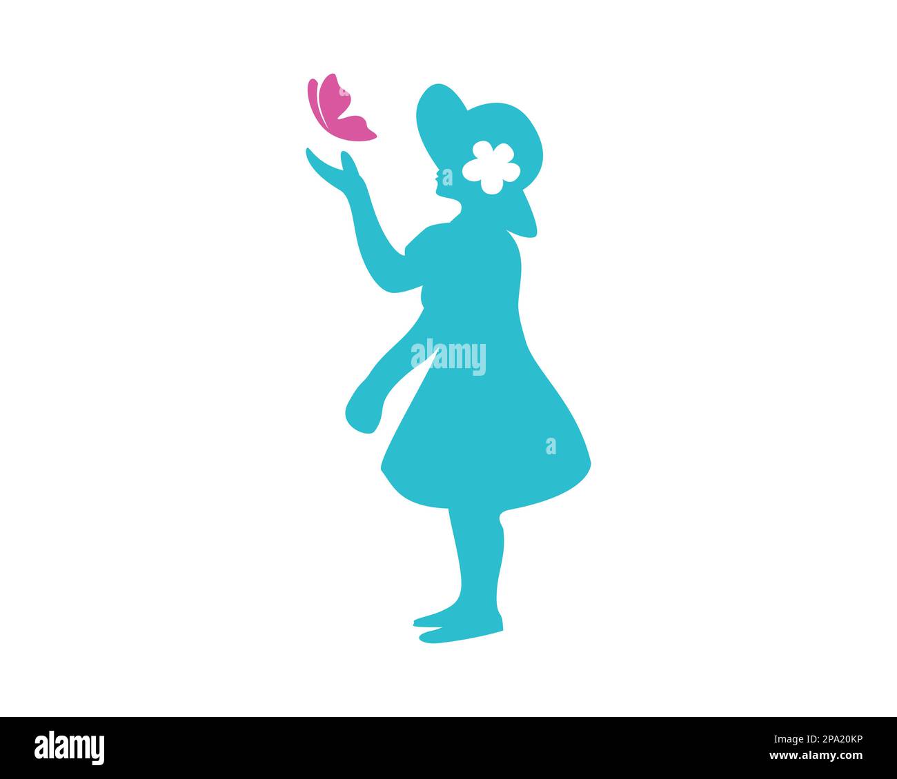 Ein Mädchen, das mit Schmetterling spielt, dargestellt im Silhouette-Stil Stock Vektor