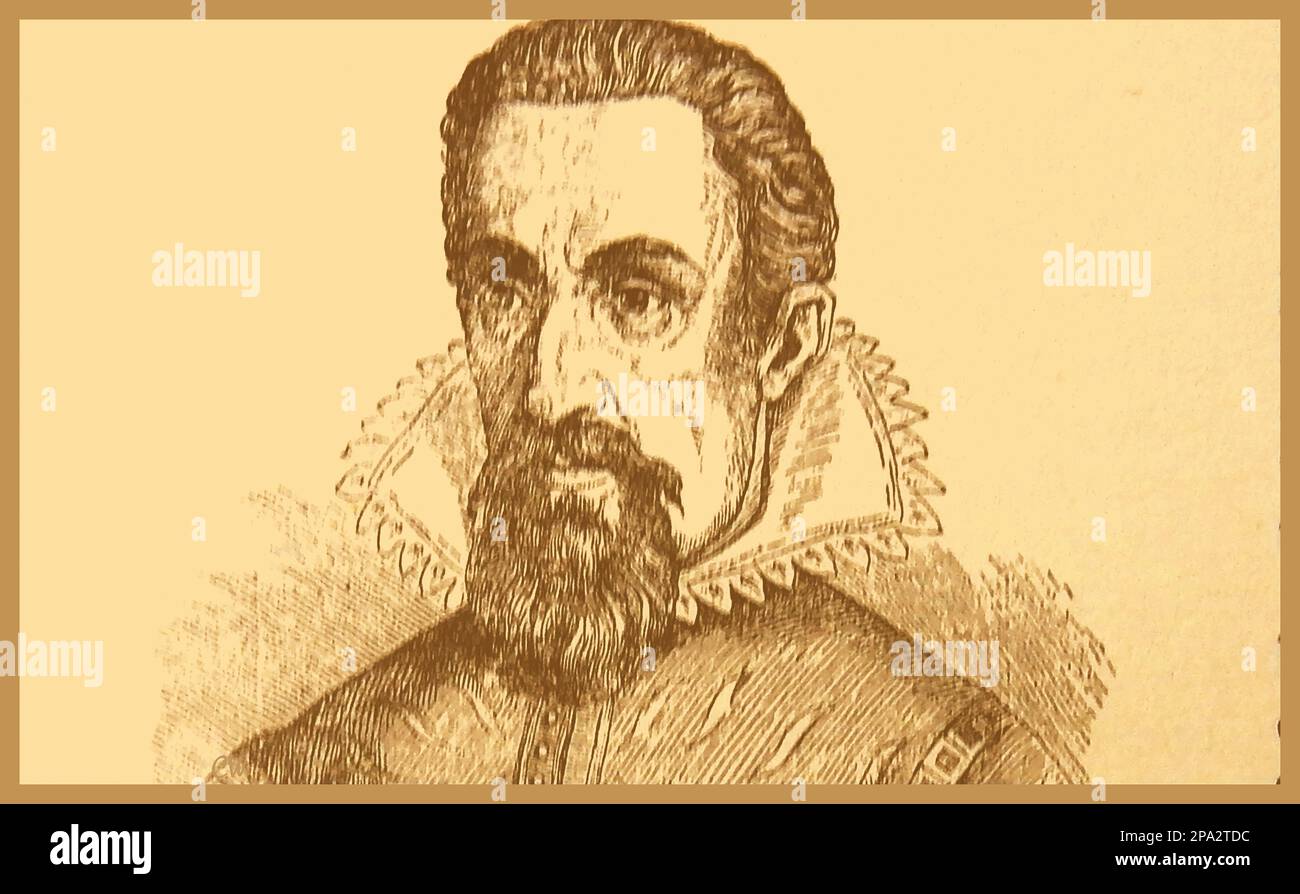 Britisches graviertes Porträt des deutschen Astronomen und Mathematikers Johann Kepler alias Johannes Kepler (1571.-15. November 19. 1630) --- Britisches Kupferstichporträt des deutschen Astronomen und Mathematikers Johann Kepler alias Johannes Kepler (1571-15. November 1630) aus dem 19. Jahrhundert --- Stockfoto