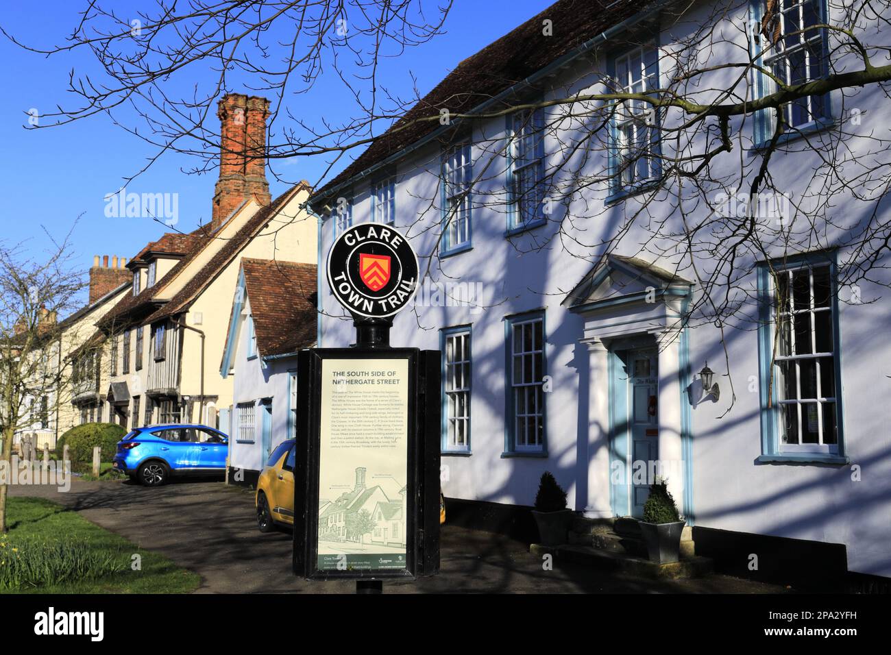 Das Schild „Town Trail“, Nethergate Street, Clare Village, Suffolk County, England, UK Stockfoto