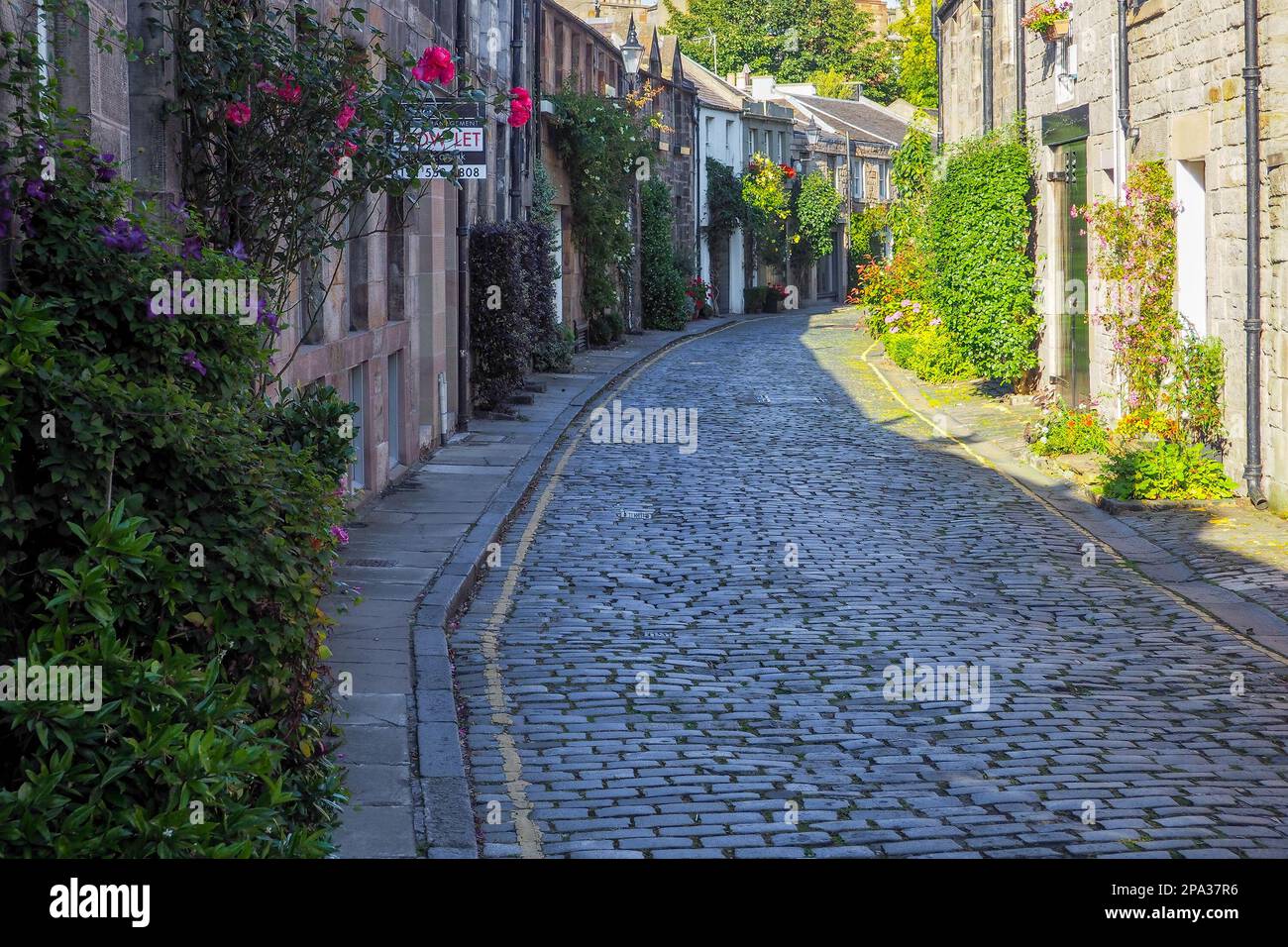 Circus Lane in Edinburgh an einem schönen sonnigen Sommertag. Sommer in schottischer Hauptstadt. Berühmte Straßen in Edinburgh. Entdecken Sie Schottland. Schottische Geschichte. Stockfoto