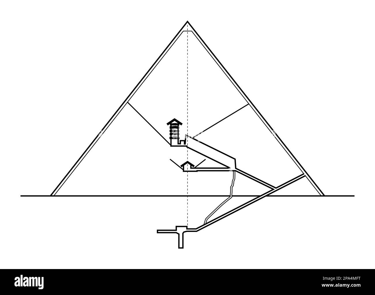 Große Pyramide von Gizeh, vertikaler Abschnitt, von Osten aus gesehen. Höhendiagramm der Innenstrukturen der grössten Pyramide Agyptens. Stockfoto
