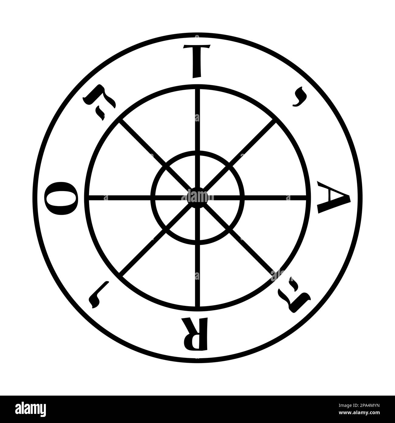 Glücksrad, Symbol der Tarotkarte und Arcanum Nummer X. Wagenrad mit 8 Speichen, im Uhrzeigersinn die Großbuchstaben TARO und Tetragramm. Stockfoto