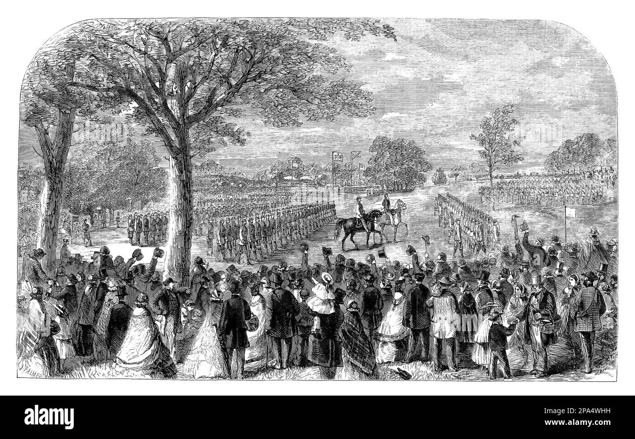 Eine Rezension im Jahr 1860 von The Lancashire Rifle Volunteers in Knowsley Park, einem Herrensitz in der Nähe von Liverpool, Merseyside, England, und dem Stammsitz der Familie Stanley, den Earls of Derby. Stockfoto