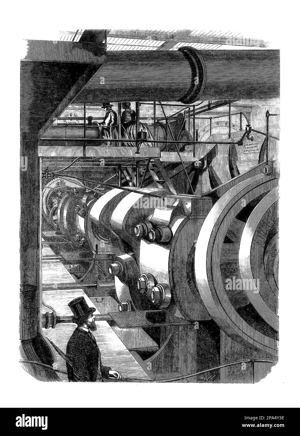 Der Maschinenraum auf der HMS Warrior, einer dampfbetriebenen, gepanzerten Fregatte mit 40 Pistolen, die für die Royal Navy zwischen 1859 und 1861 gebaut wurde. Krieger und ihr Schwesterschiff HMS Black Prince waren die ersten gepanzerten, eisernen Kriegsschiffe und wurden als Reaktion auf Frankreichs Start des ersten meeresbetriebenen, eisernen Kriegsschiffs Gloire im Jahr 1859 gebaut. Stockfoto