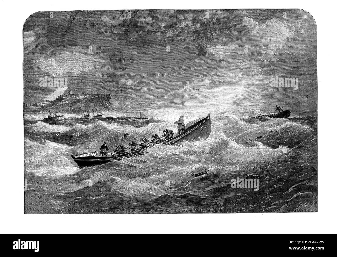 Fileys erstes Rettungsboot wurde 1804 in der Stadt an Englands Küste in North Yorkshire stationiert und 1852 zum RNLI-Aktivposten. Die Abbildung zeigt das Rettungsboot im späten Frühjahr 1860, als ein Hurrikan Filey traf und alle Boote und Netze der örtlichen Fischer zerstörte, von denen die meisten die Männer waren, die das Rettungsboot besetzten, Die Ereignisse führten zu einer Kampagne in der Times, um den Verlust der Existenzgrundlage der Fischer zu unterstützen. Stockfoto