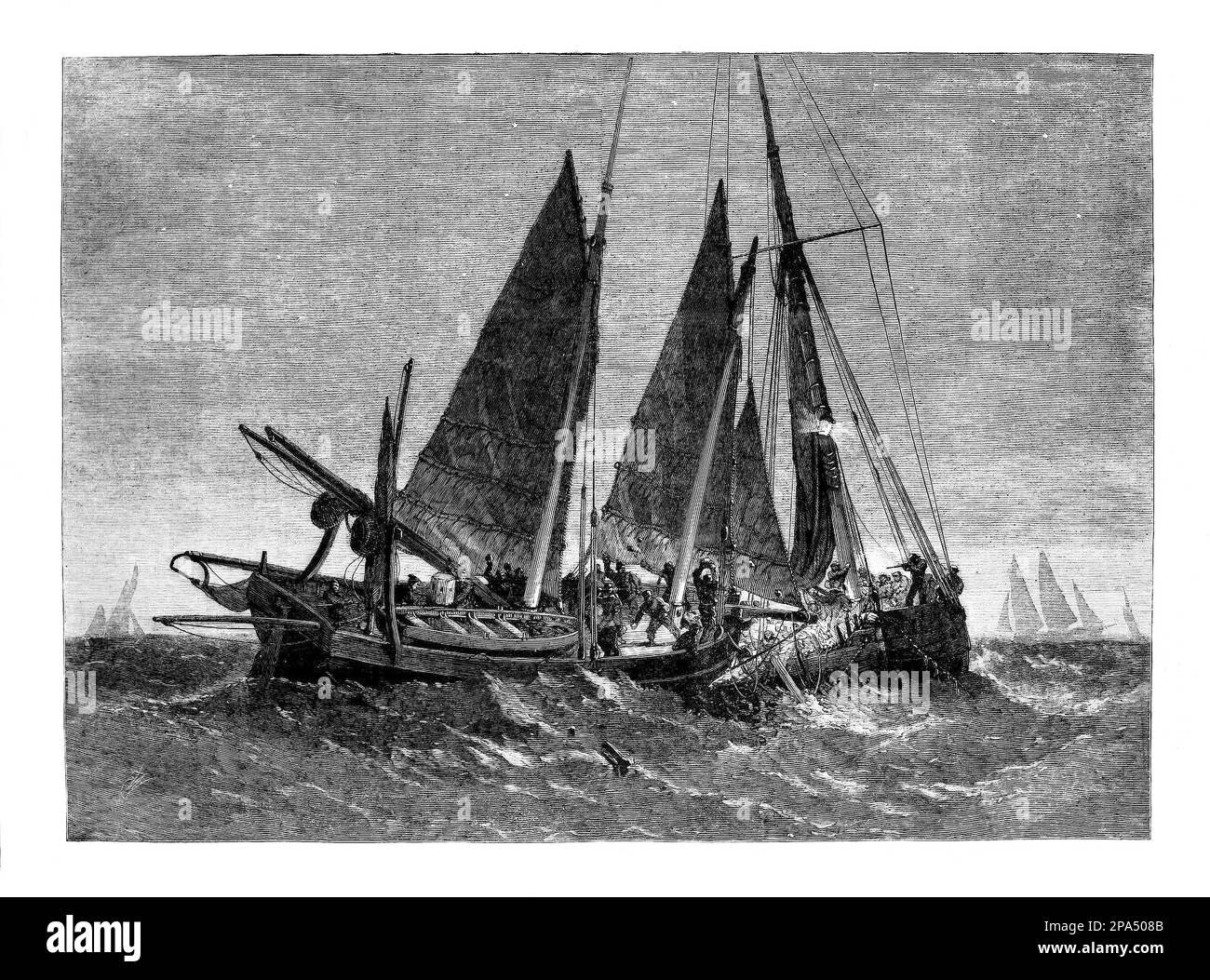 Eine Illustration aus dem Jahr 1861 eines Kampfes zwischen dem Fischerboot „Prince Arthur“ aus Ramsgate und einem Fischerboot aus Boulogne vor North Foreland, einer Kreidelandschaft an der Kent-Küste im Südosten Englands. Stockfoto