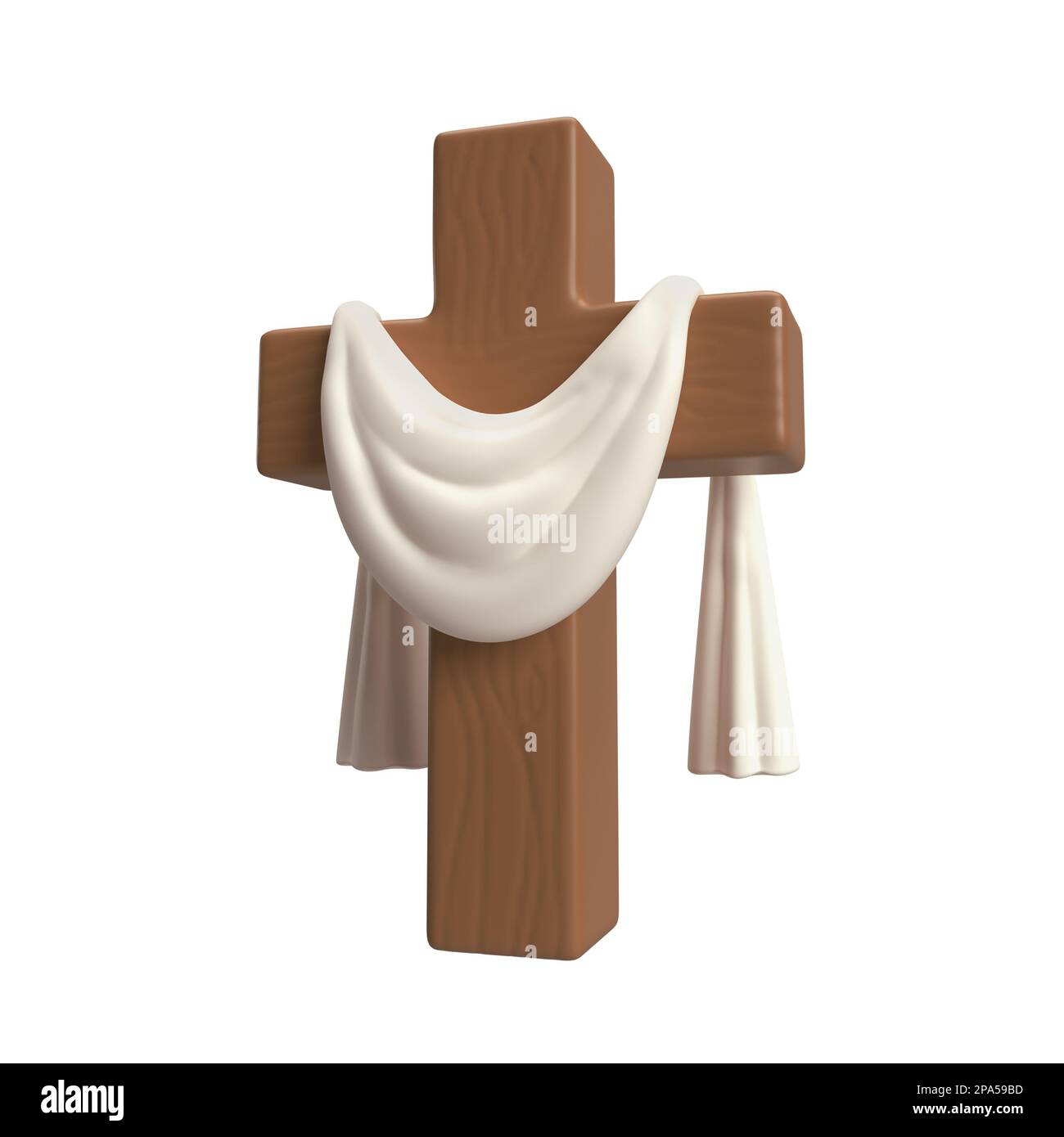 3D Ikone christliches Holzkreuz mit weißem Stoff, Symbol der Auferstehung Jesu Christi, osterschild isoliert auf weißem Hintergrund mit Clipping Stockfoto