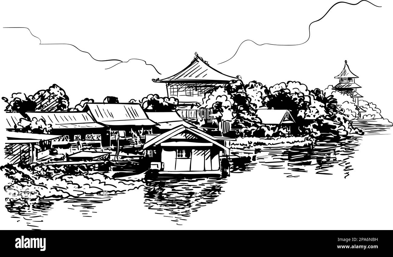 Skizze von Dorfhäusern auf dem Wasser mit buddhistischen Tempeln und Bergen im Hintergrund, handgezeichnete Vektorbilder Stock Vektor