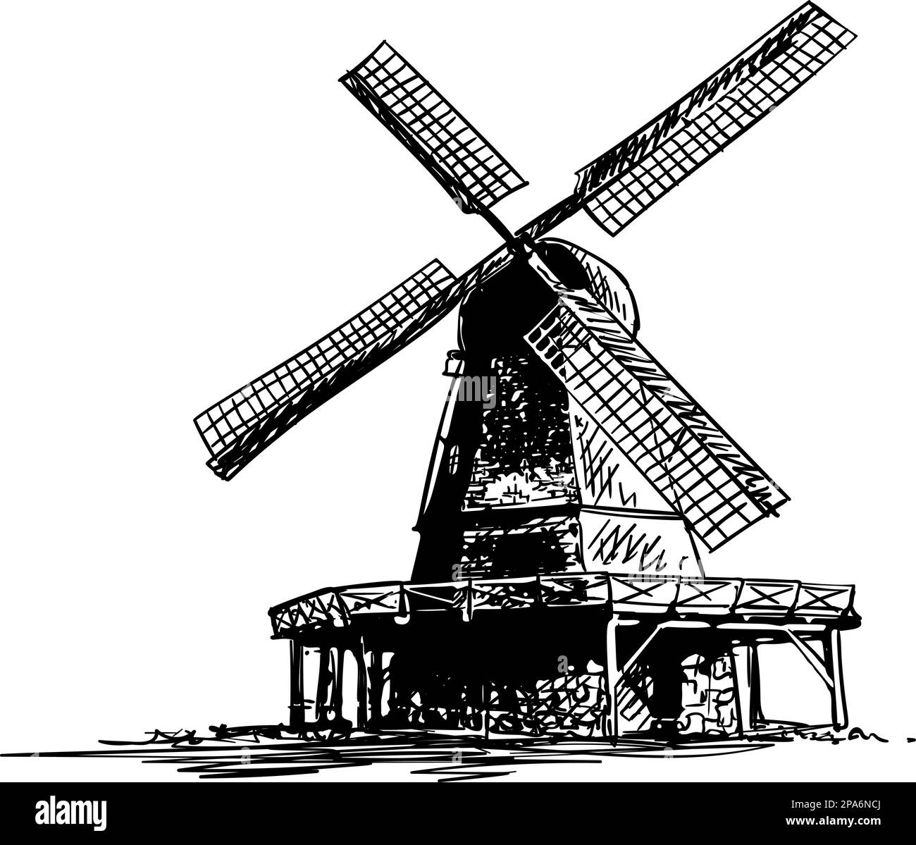 Skizze einer isolierten, handgezeichneten alten Windmühle Stock Vektor