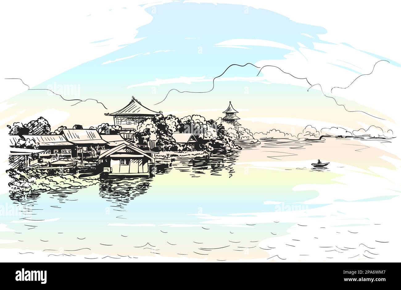 Skizze eines Dorfes mit buddhistischen Tempeln am Ufer des Flusses mit Fischerboot und Bergen, südostasiatischer Landschaft, handgezeichnete Vektorbilder Stock Vektor