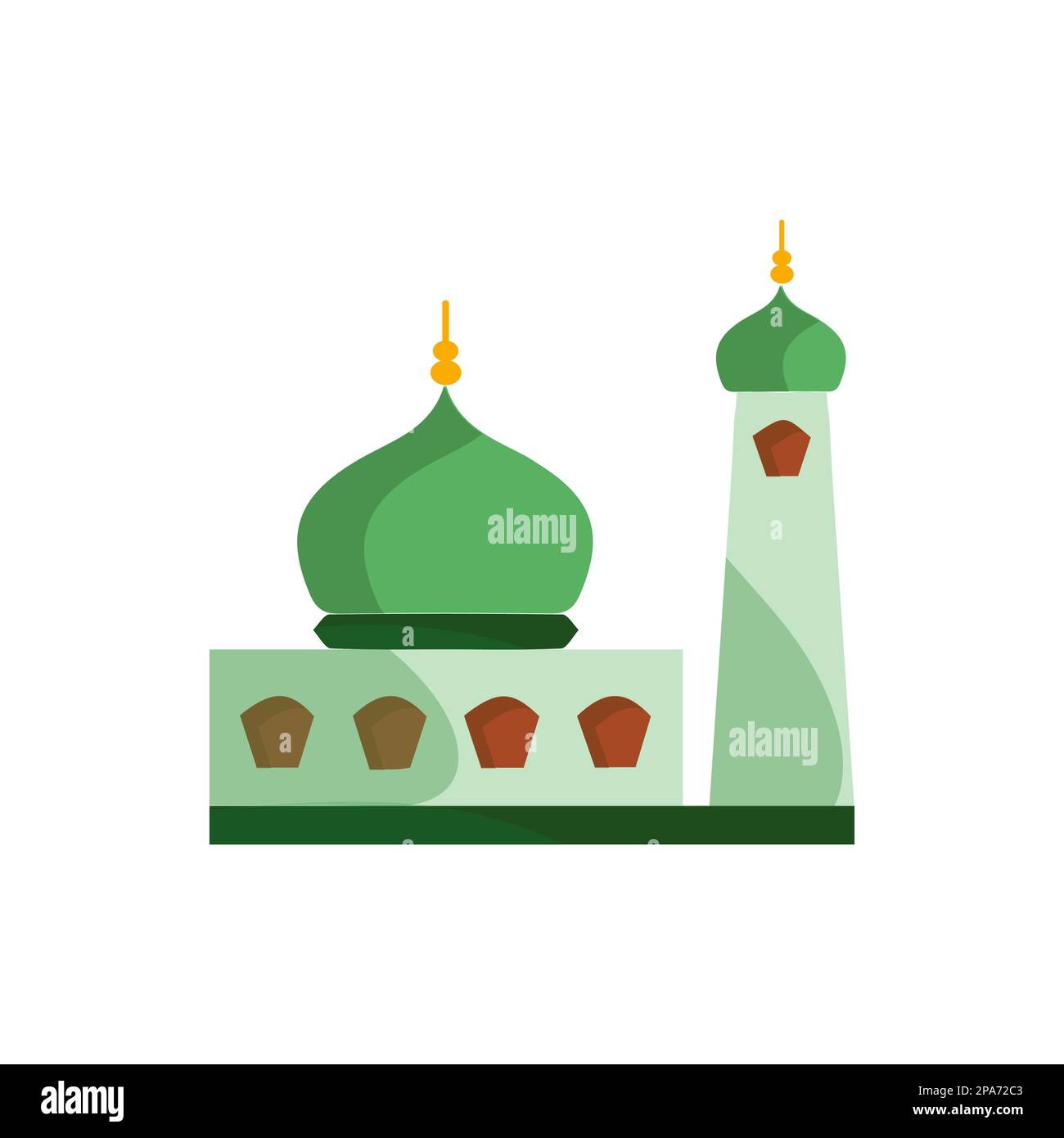 Moschee isolierte flache Fassade auf weißem Hintergrund. Flach mit Schatten Architekturobjekt. Vektor-Cartoon-Design. Wunderschöner muslimischer Tempel, Ikone krank Stock Vektor