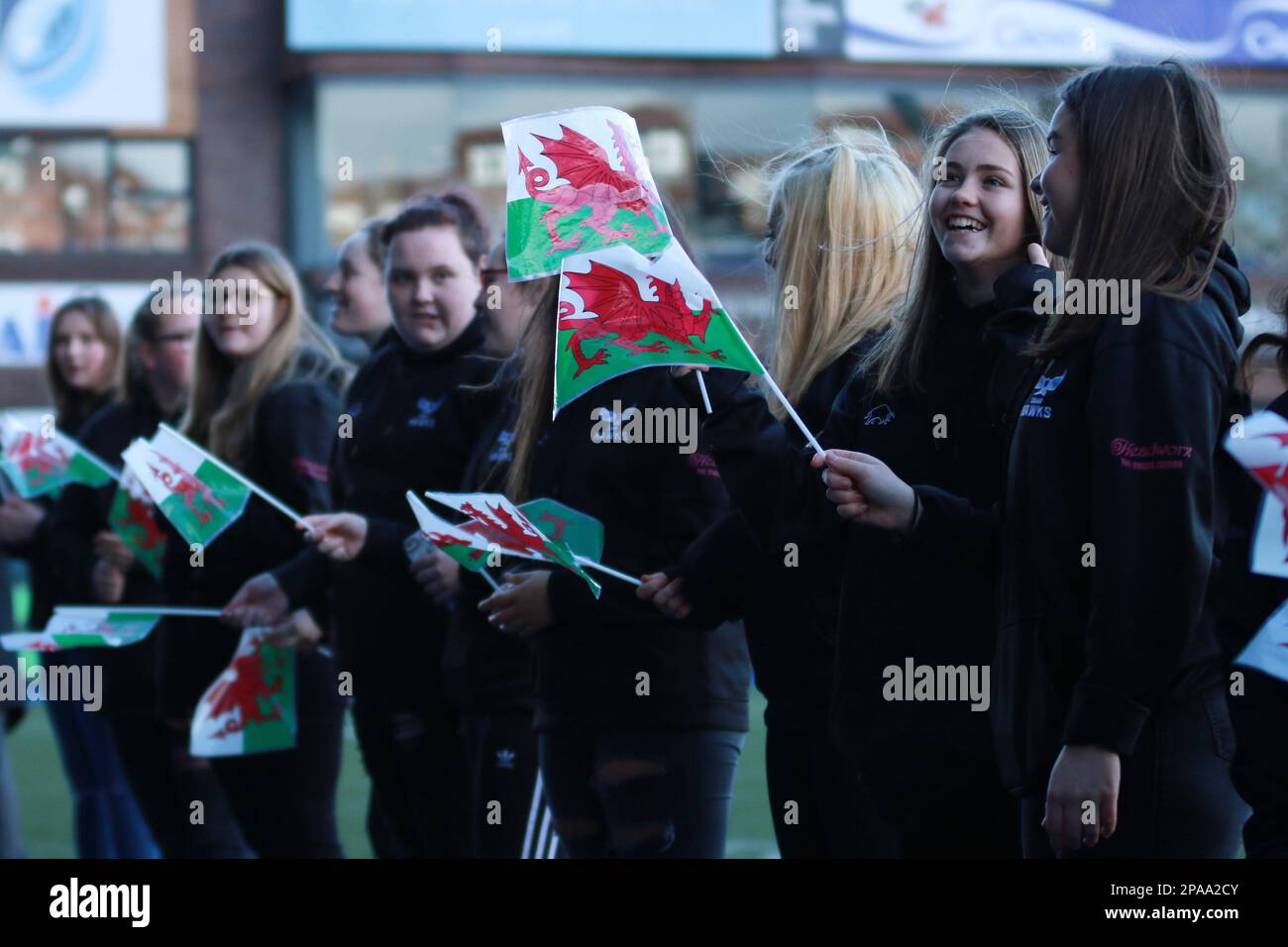 Junge, weibliche Ehrenwache mit walisischen Flaggen bei einem Rugby-Spiel in Wales Stockfoto