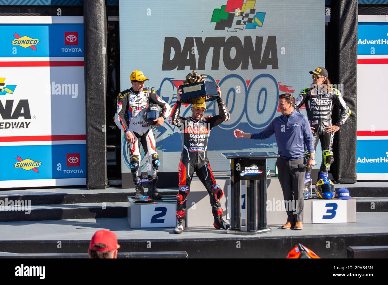 Daytona Beach, Florida, USA. 11. März 2023 Auf Dem Podium. 1. Josh Herrin, 2. Joshua Hayes, 3. Cameron Petersen während Daytona 200 auf der Bike Week präsentiert von Monster Energy auf dem Daytona International Speedway in Daytona Beach, FL. 2023. Kredit: Yaroslav Sabitov/Yes Market Media/Alamy Live News Stockfoto