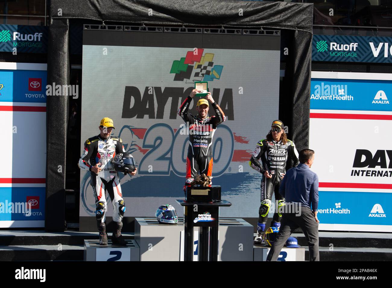 Daytona Beach, Florida, USA. 11. März 2023 Auf Dem Podium. 1. Josh Herrin, 2. Joshua Hayes, 3. Cameron Petersen während Daytona 200 auf der Bike Week präsentiert von Monster Energy auf dem Daytona International Speedway in Daytona Beach, FL. 2023. Kredit: Yaroslav Sabitov/Yes Market Media/Alamy Live News Stockfoto