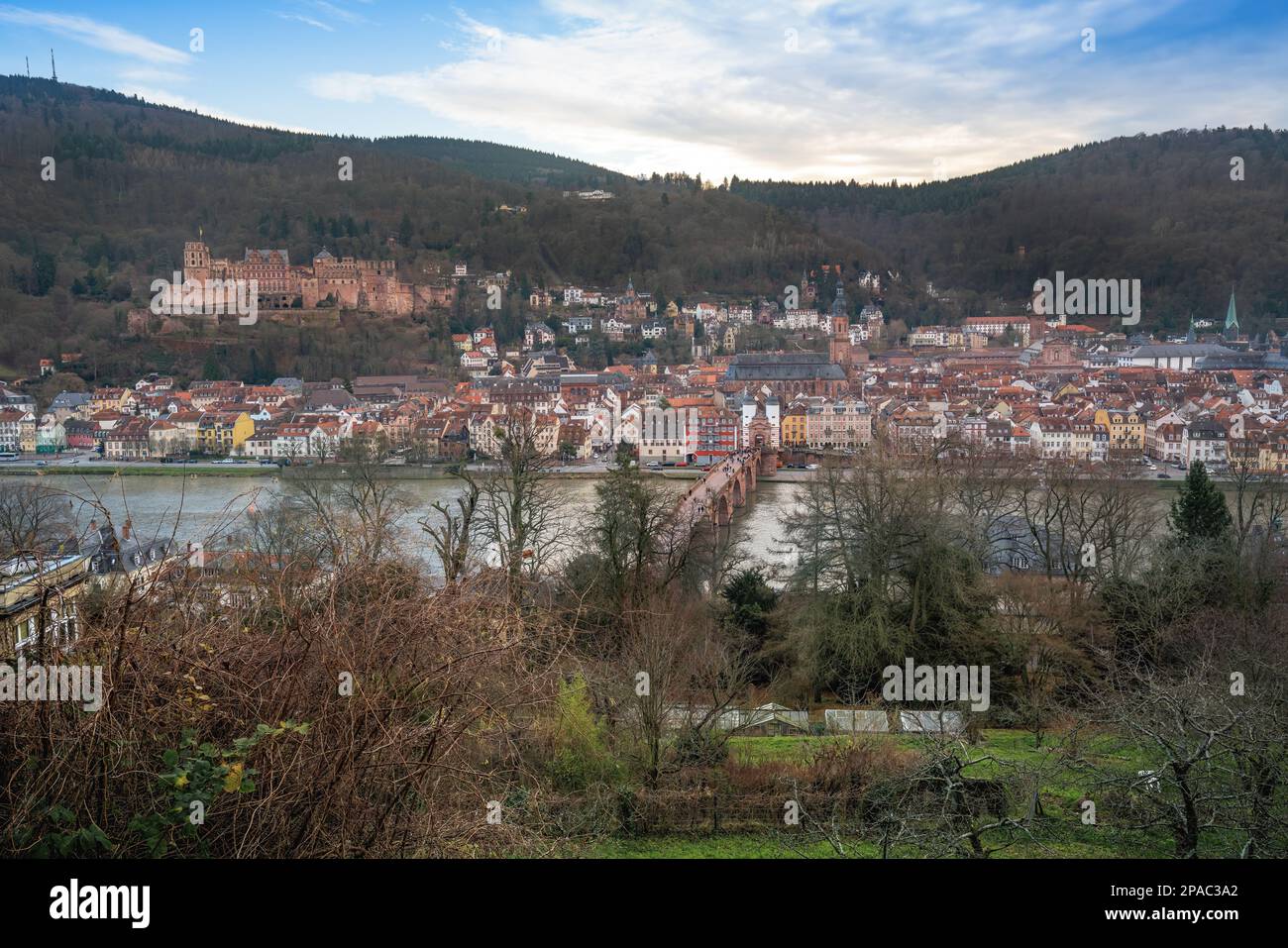 Blick auf die Altstadt mit Heidelberger Schloss, Alte Brücke und Heiliggeistkirche - Heidelberg, Deutschland Stockfoto