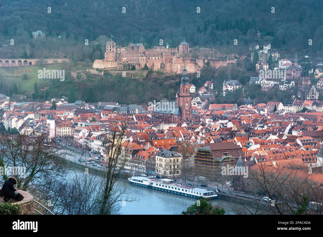 Die Altstadt mit Heidelberger Burg und Heiliggeistkirche aus der Vogelperspektive - Heidelberg, Deutschland Stockfoto