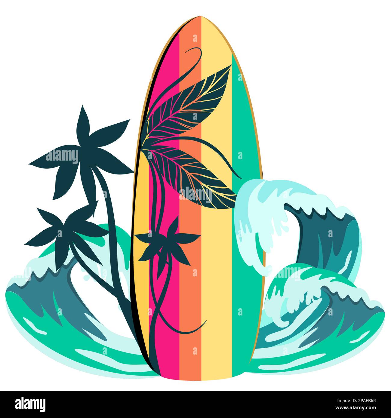 Surfbrett mit Palmen und Wellen Vektordarstellung Stock Vektor
