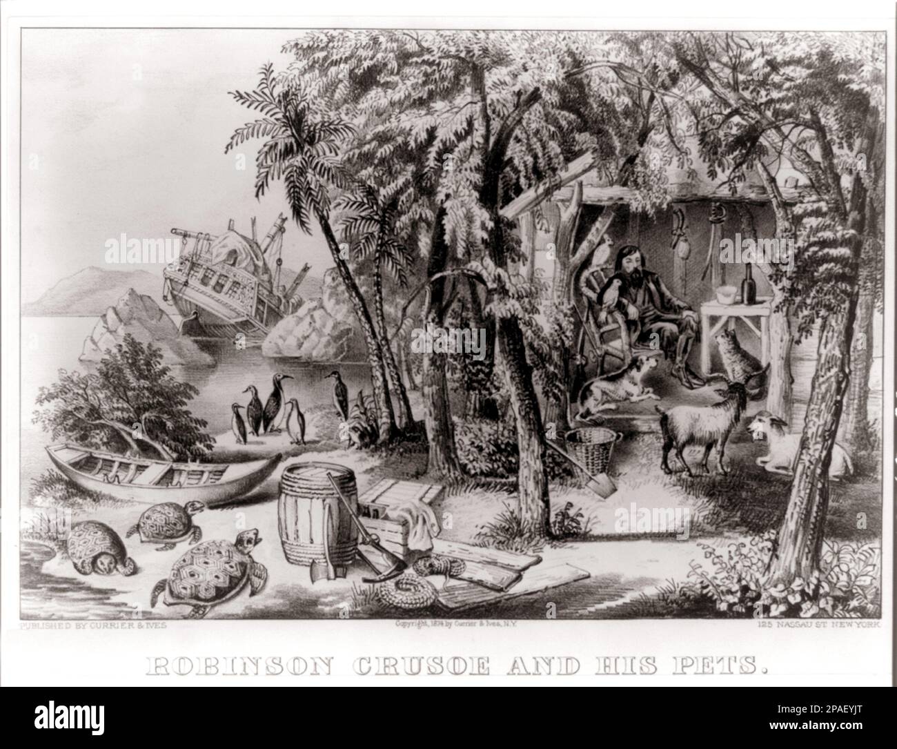 1874 : ROBINSON CRUSOE AND HIS PETS , Gravur von Currier and Ives , New York . Der britische Schriftsteller , Journalist und Spion DANIEL DE FOE ( oder DEFOE , 1660 London - 1731 ) gewann dauerhaften Ruhm für seinen Roman Robinson Crusoe . - LETTERATO - SCRITTORE - LETTERATURA - Literatur - Portrait - ritratto - NAUFRAGO - NAUFRAGIO - CASTAWAY - sinkend - Incisione --- ARCHIVIO GBB Stockfoto