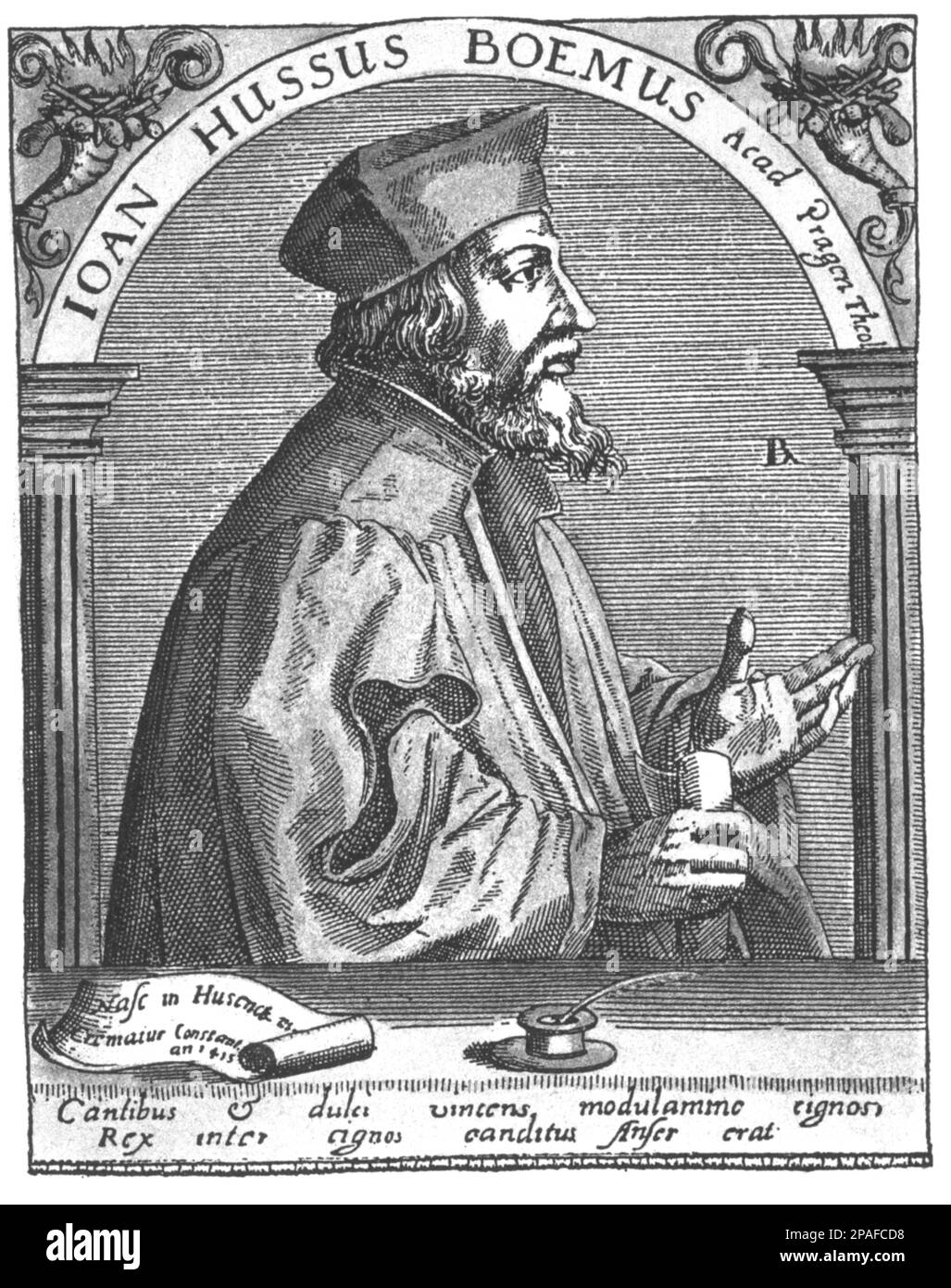Der Künstlerreformer JAN HUS ( Husinec , Bohemia 1386 Ca - Constanz 1415 ). Gravur XVII. Jahrhundert - RELIGIONE PROTESTANTE LUTERANA RIFORMATA - REFORMIERTE RELIGION - ritratto - Porträt - Profil - profilo - Hut - CALVINO - CALVINISTA - CALVINIST - CALVINISMO - CALVINISMUS - Inzisione - Bart - barba ---- ARCHIVIO GBB Stockfoto