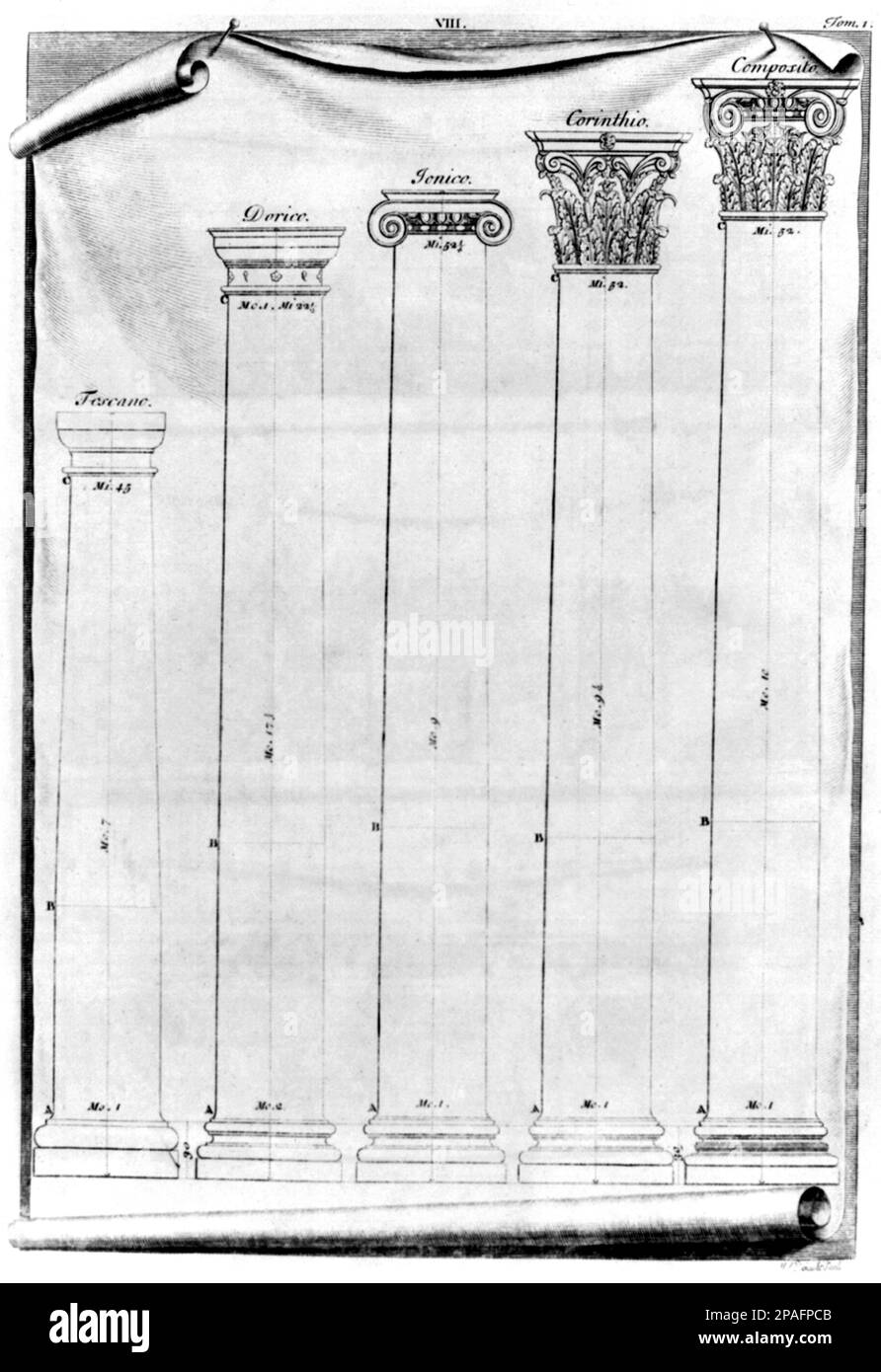 1742 , London , GROSSBRITANNIEN : Beispiele für 5 Arten klassischer Säulen Toskana, Doric, Ionische, korinthische und Komposita für die vier Architekturbücher, Plate VIII ( i QUATTRO LIBRI DELL' ARCHITETTURA ) der italienischen Architektin ANDREA PALLADIO (geboren Andrea di Pietro della Gondola , 1508 - 1580 ) . Palladio gilt weithin als die einflussreichste Person in der Geschichte der westlichen Architektur . - DORICO - JONICO - IONICO - CORINZIO - COMPOSITO - TOSCANO - RENAISSANCE - RINASCIMENTO - ARTE - ARCHITETTO - ARCHITETTURA - ARCHITEKTUR - KUNST - LIBRO - BUCH - BIBLIOFILIA - KUNST - GRAVUR - Stockfoto